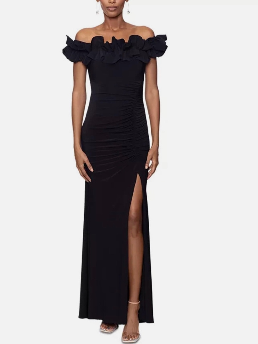 Xscape Off-Shoulder Black Ruffle Evening Dress